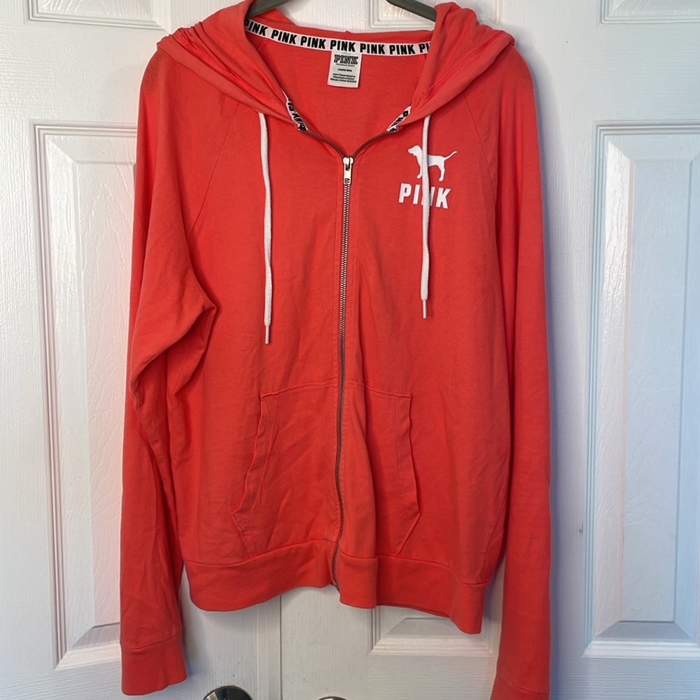 PINK VICTORIA SECRET LONG SLEEVE FULL ZIP HOODIE SWEATSHIRT NEON ORANGE SZ LARGE - Picture 2 of 7